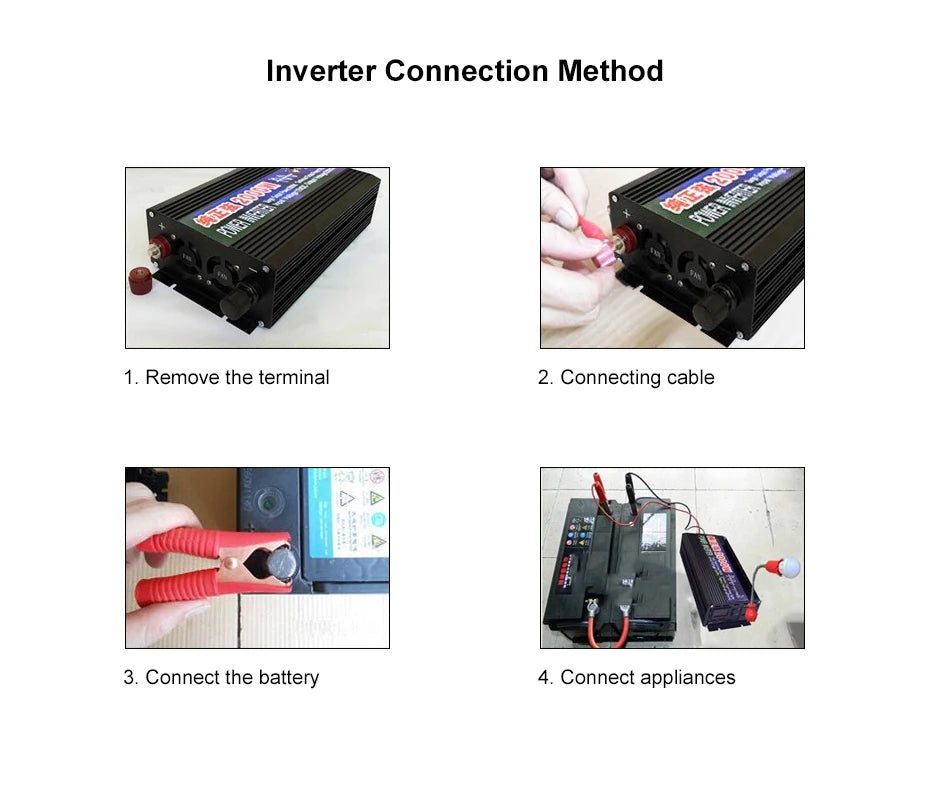 Pure Sine Wave Inverter, Install by removing the terminal connector, connecting the battery, and then attaching appliances.