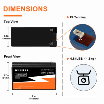 12V 12Ah LiFePo4 Battery Pack, DIMENSIONS F2 Terminal View 3.7in 94mm