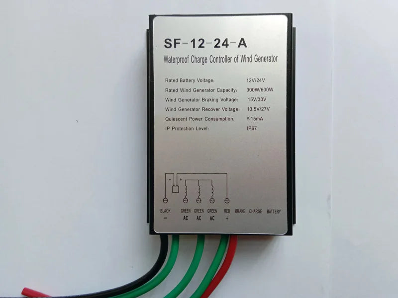 Waterproof wind generator charge controller with adjustable output and features for safe charging.