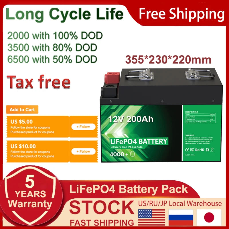 12V 200Ah LiFePO4 Battery, LiFePO4 battery pack with 5-year warranty and built-in BMS for home storage.