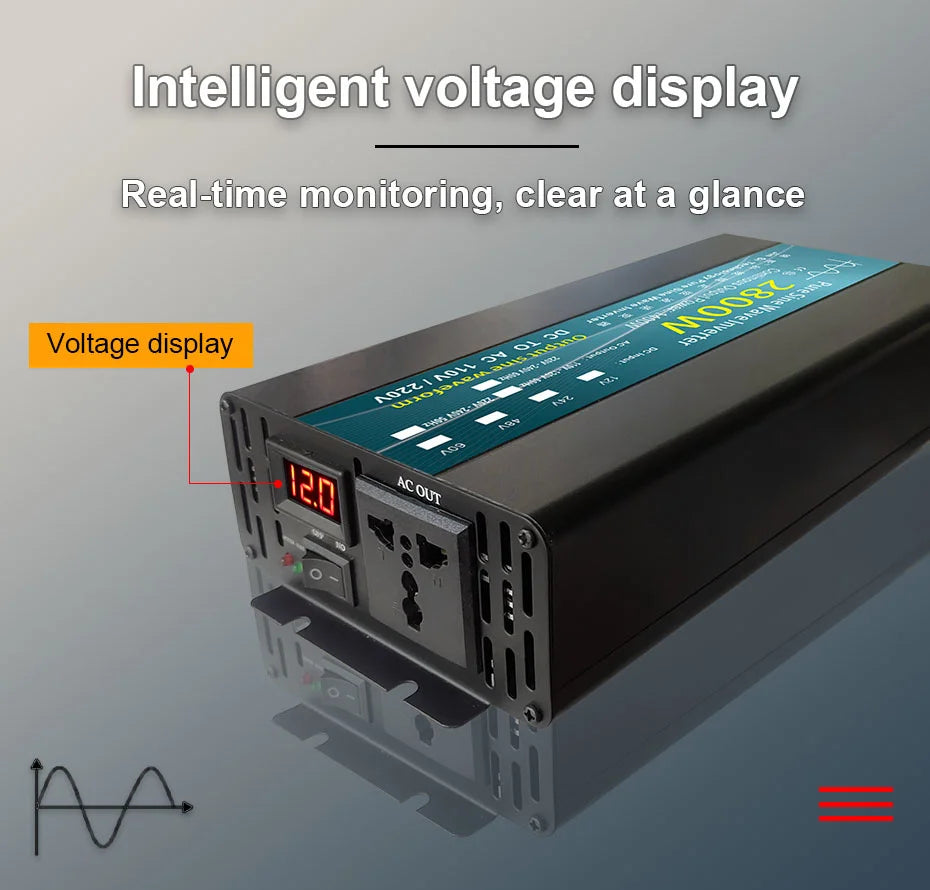 Pure Sine Wave Inverter, Features real-time voltage monitoring and LED display for easy viewing, providing clear and accurate readings.