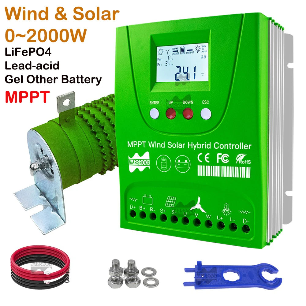 Hybrid controller for wind and solar charging, supports 2000W and various battery types.