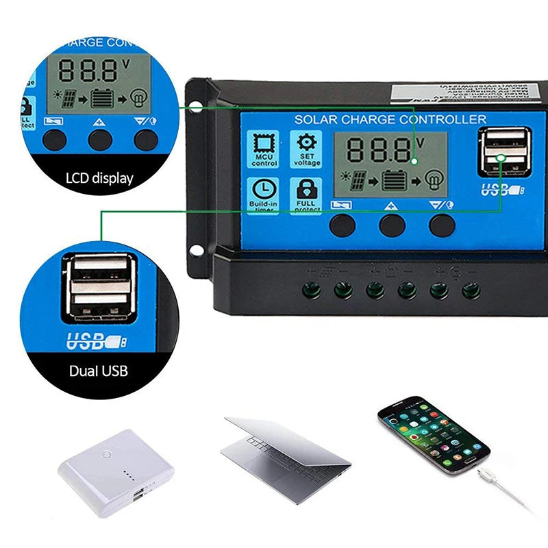 Solar Charge Controller, Smart solar charger with LCD display, USB output, and dual ports for simultaneous device charging.