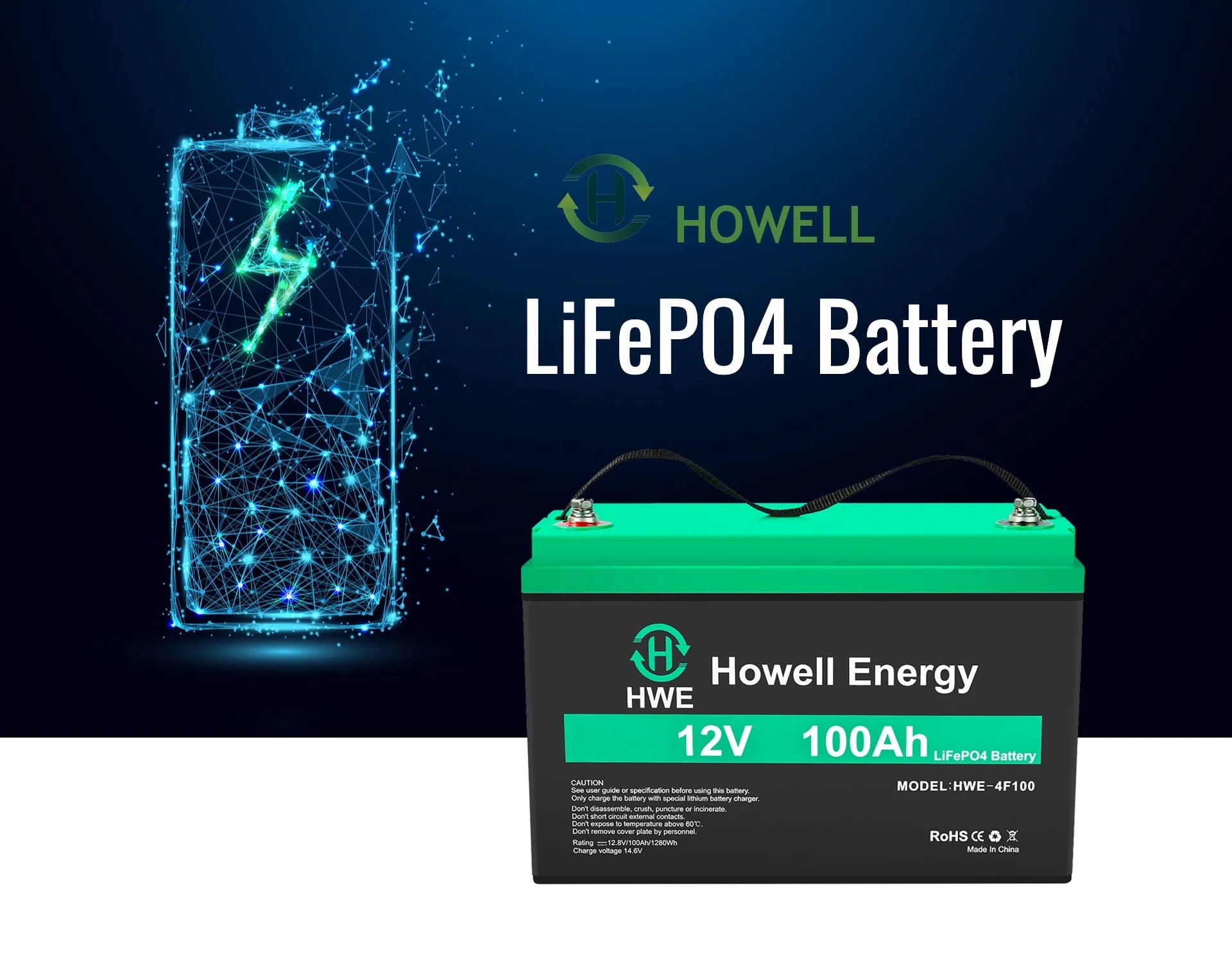 Howell 12v 100ah Battery, LiFePO4 battery for RVs, boats, and golf carts; follow safety guidelines for charging and handling.