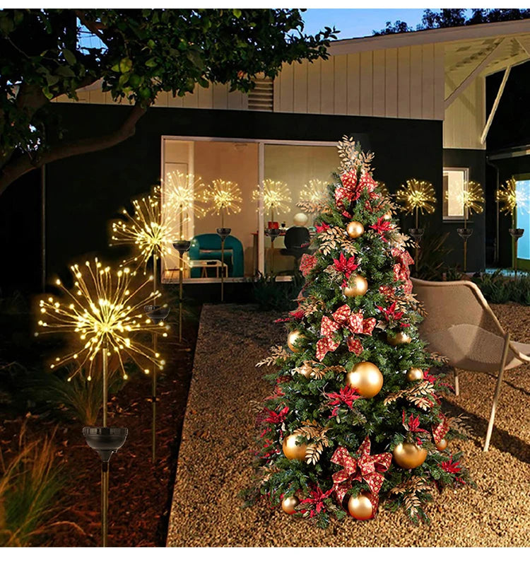 Outdoor Solar LED Firework Fairy Light, Waterproof solar-powered fairy lights for outdoor use, perfect for garden, patio, pathway, party, or wedding decorations.