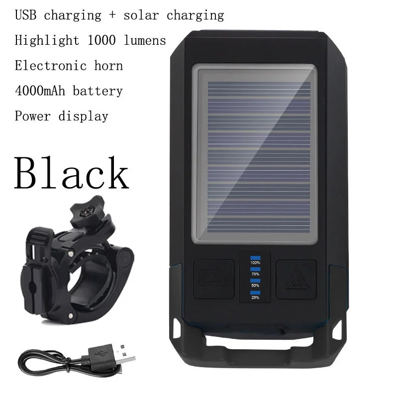 3 IN 1 LED Bike Light, LED bike light with USB and solar charging, 1000-lumen horn, 4000mAh battery, and power display.