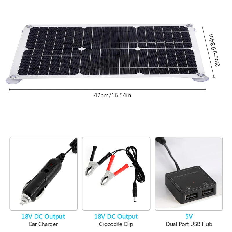 300W Solar Panel, Compact car charger with dual USB ports and clip design for camping or emergency use.