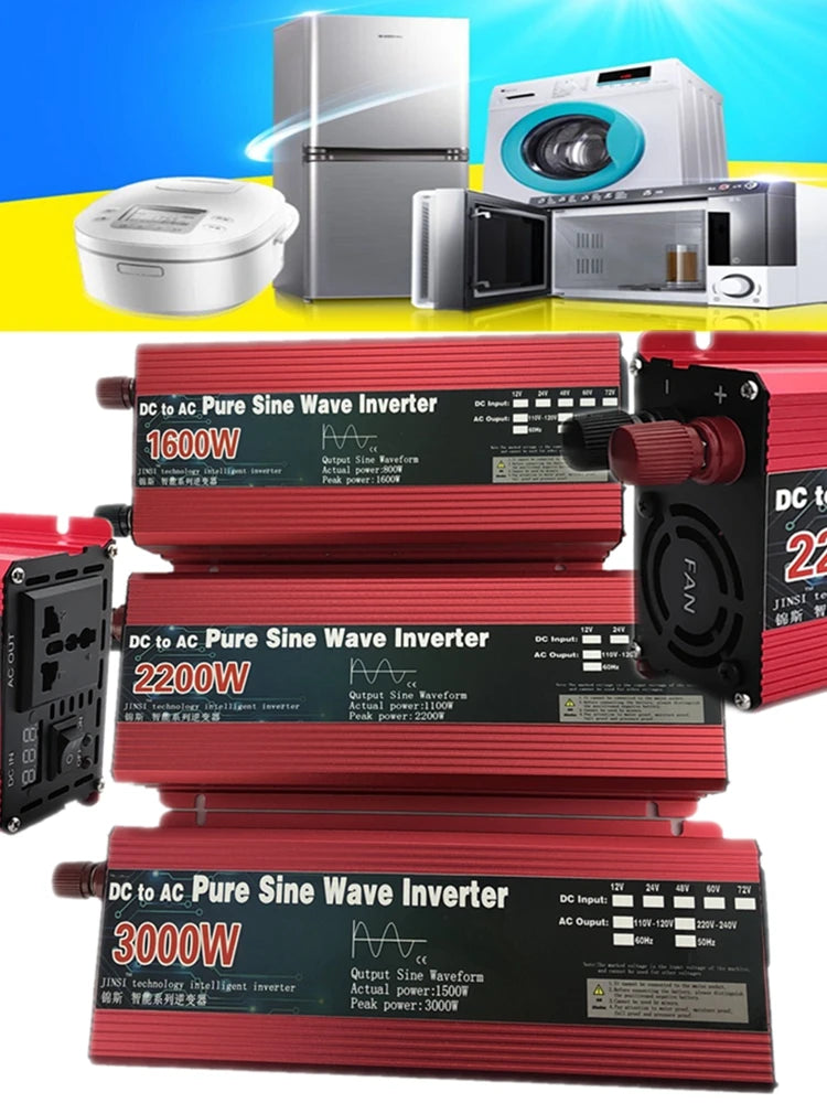 Pure Sine Wave Inverter converts DC power to AC with pure sine wave output and features overload protection.