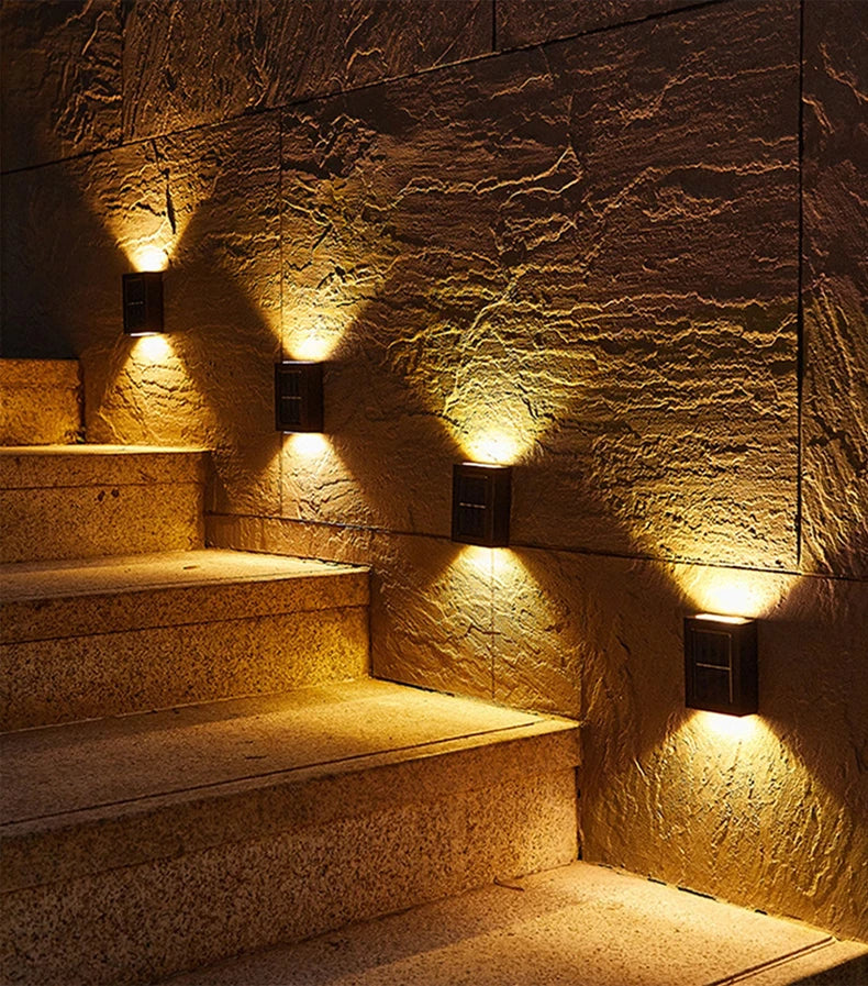 LED Solar Wall Light, Solar-powered LED light with modern design, waterproof and dimmable, perfect for outdoor use.