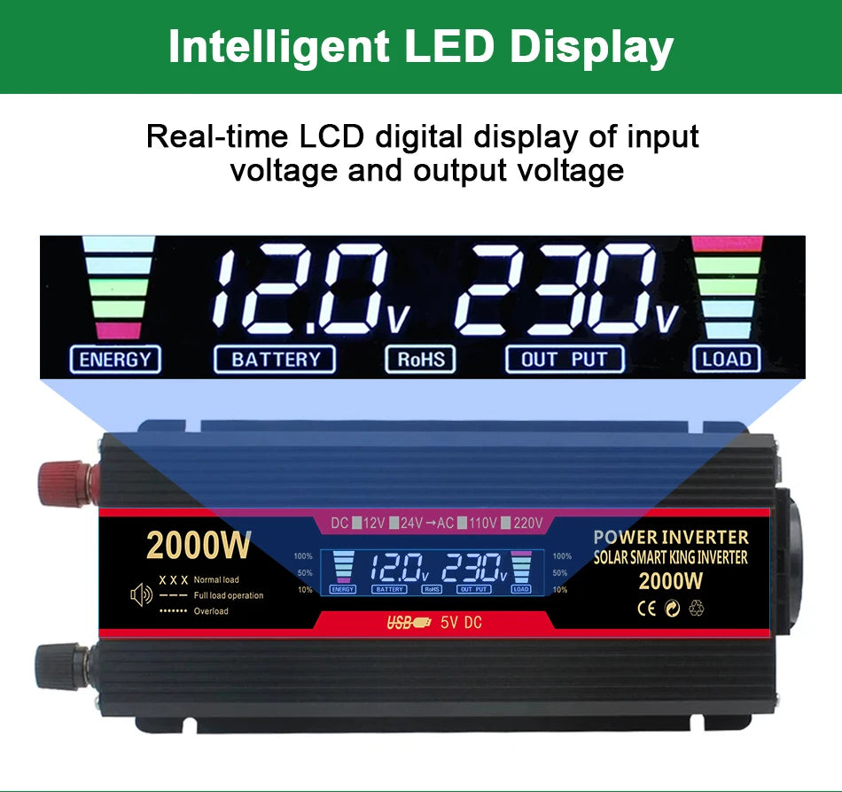 Solar Inverter with Real-Time LCD Display, Modified Sine Wave Technology, and USB Charging Ports