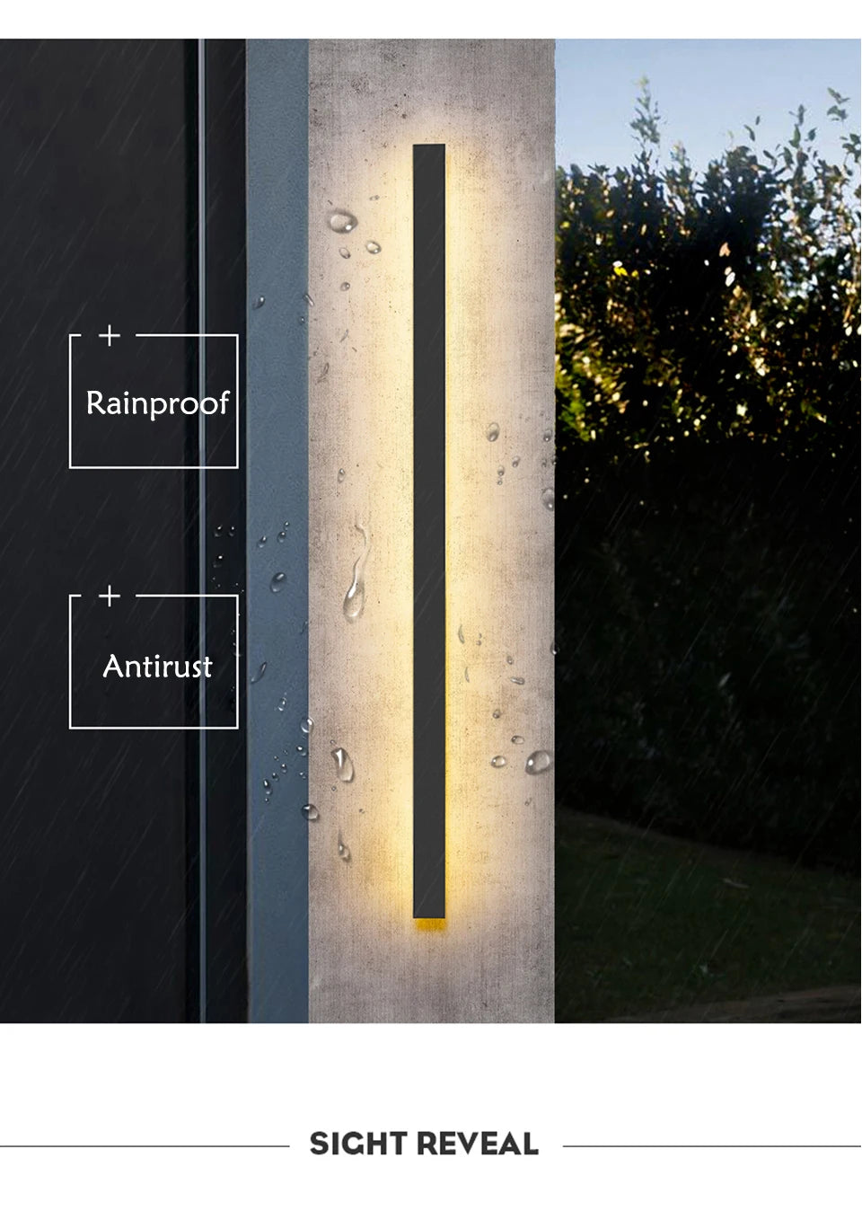 LED Outdoor Wall Light, Waterproof and rust-resistant, revealing modern design for outdoor use.