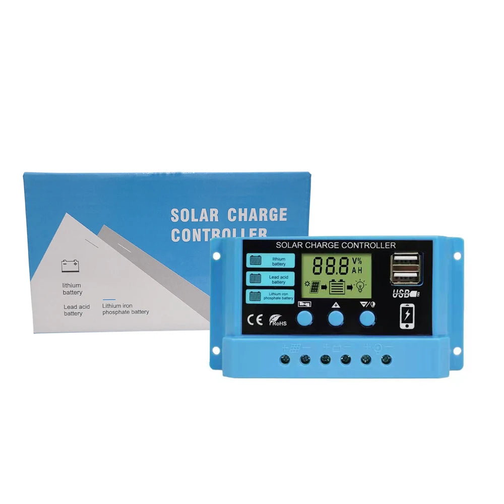 Solar charge controller for 12V/24V systems, compatible with lithium-ion, lead-acid, and gel batteries.