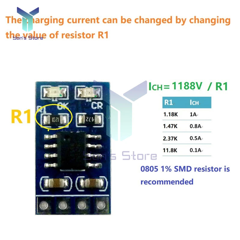 3.7V 4.2V 1A 18650 LiPo Li-ion Lithium Battery, Adjust charging current by modifying resistor R1 to achieve a reliable 1A output.