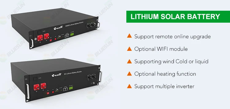 Bluesun 48V/100Ah Solar Battery, Advanced lithium solar battery with online upgrade support, WiFi option, and temp range flexibility for off-grid energy systems.