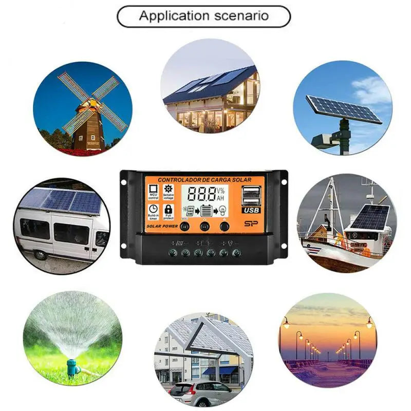 Solar charger with MPPT control, compatible with 12V/24V systems, dual USB ports, and LCD display for charging status.