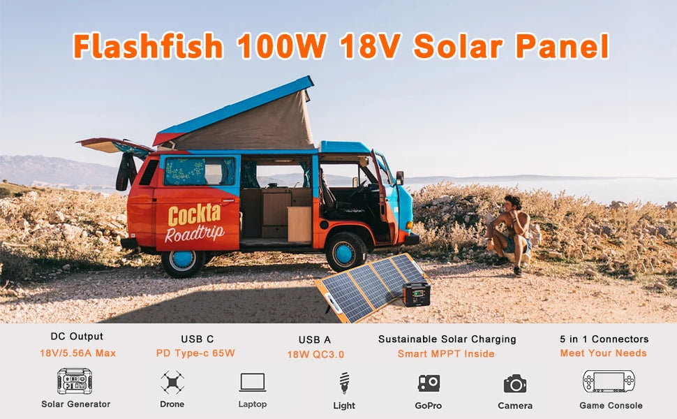 FF Flashfish 18V 100W Foldable Solar Panel, Portable solar charger with foldable design, suitable for camping trips and outdoor use.