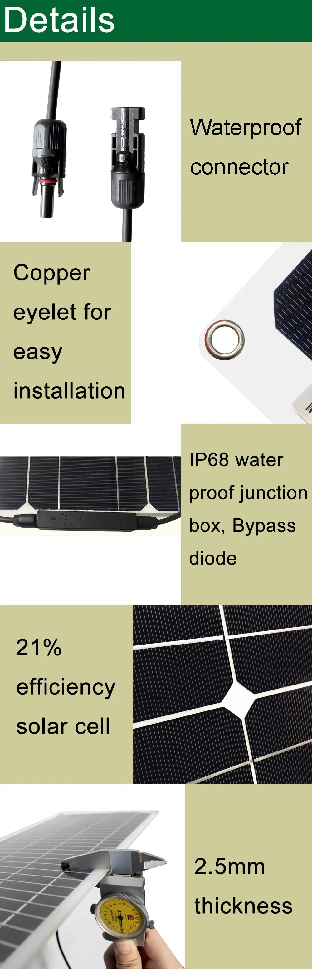 300w solar panel, Waterproof features: connectors, eyelets, and junction box make this solar panel durable and easy to install.