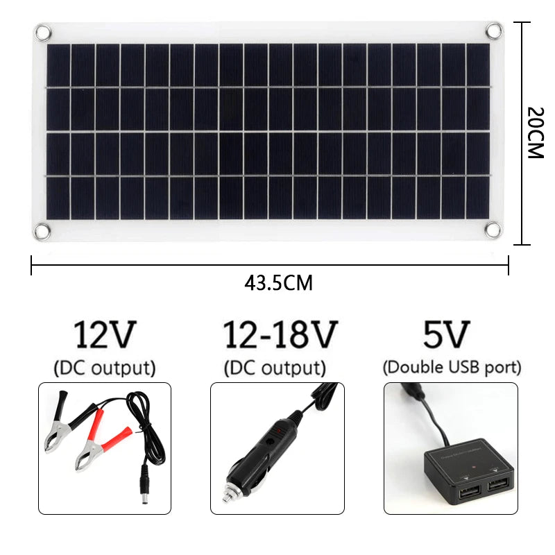 Portable 300W Solar Panel, Charges small devices like phones with dual USB ports, DC output, and adjustable voltage.