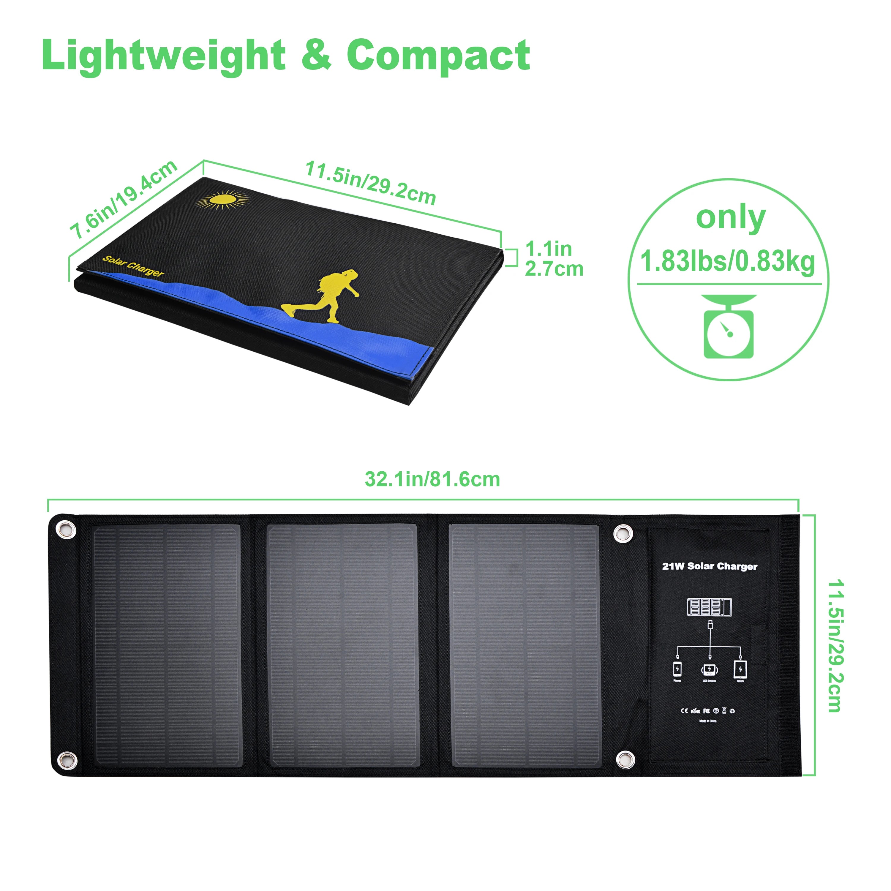 21W Portable Solar Panel, Compact solar charger weighs 1.83lbs, measures 2.7cm thick, and has 21W power output.