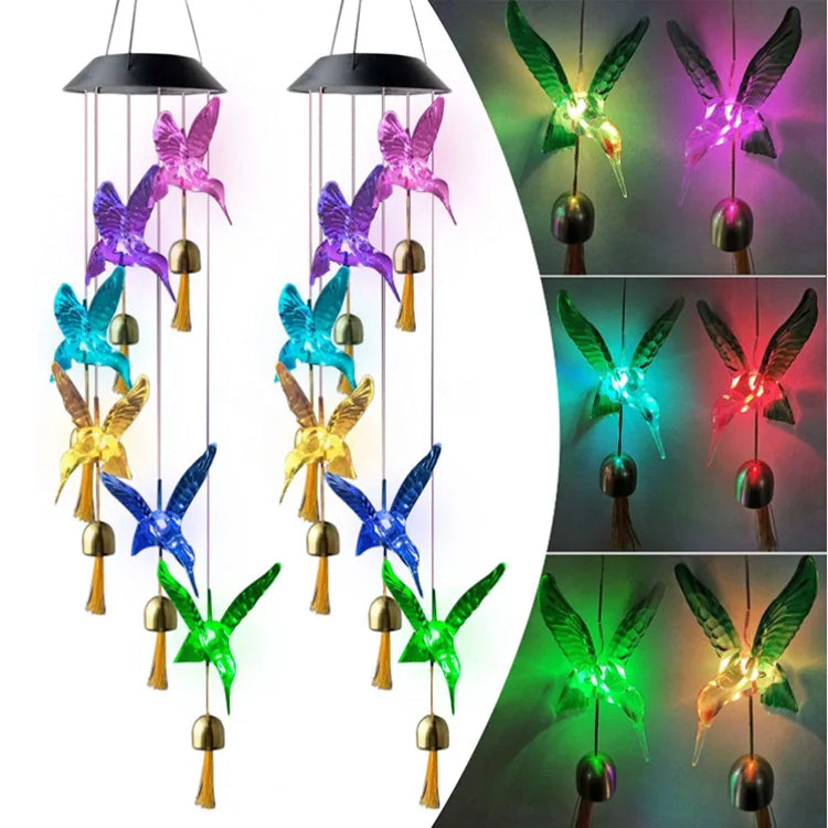 Colorful solar-powered LED lights with hummingbird design, waterproof, and energy-efficient for outdoor use.