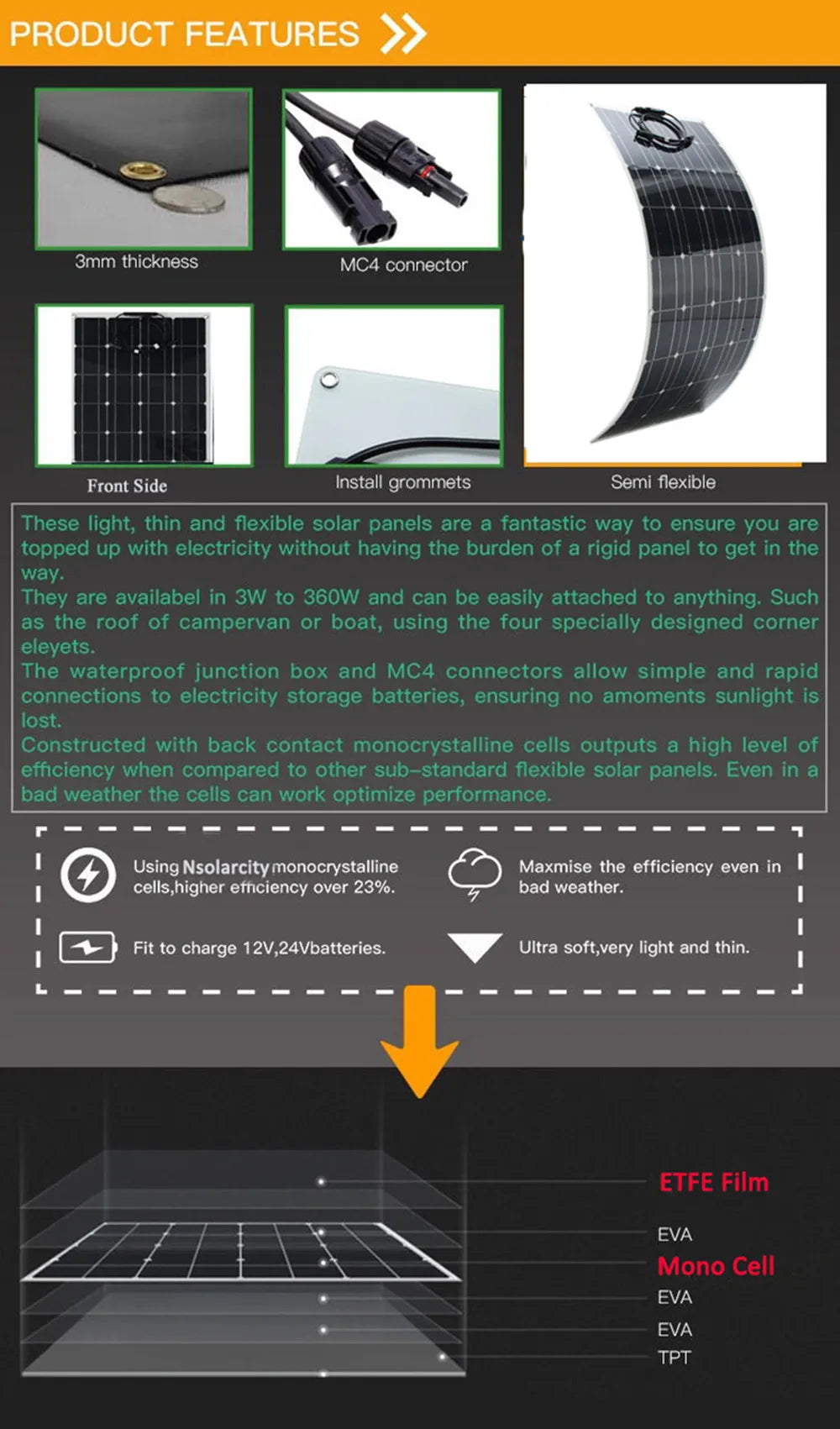 Flexible solar panel with monocrystalline cells for battery charging and home kits, available in 100W, 200W, 300W, and 400W options.