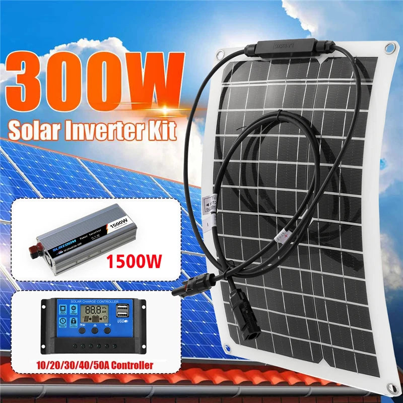 Complete solar power system for homes or campsites: 300W panel, controller, and inverter.
