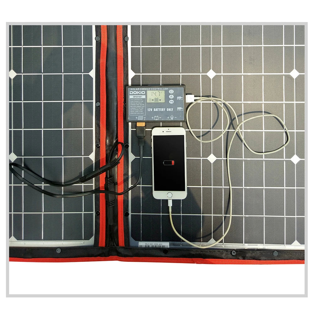 Portable solar panel with adjustable 80-200W output and 12V controller for versatile energy harvesting.