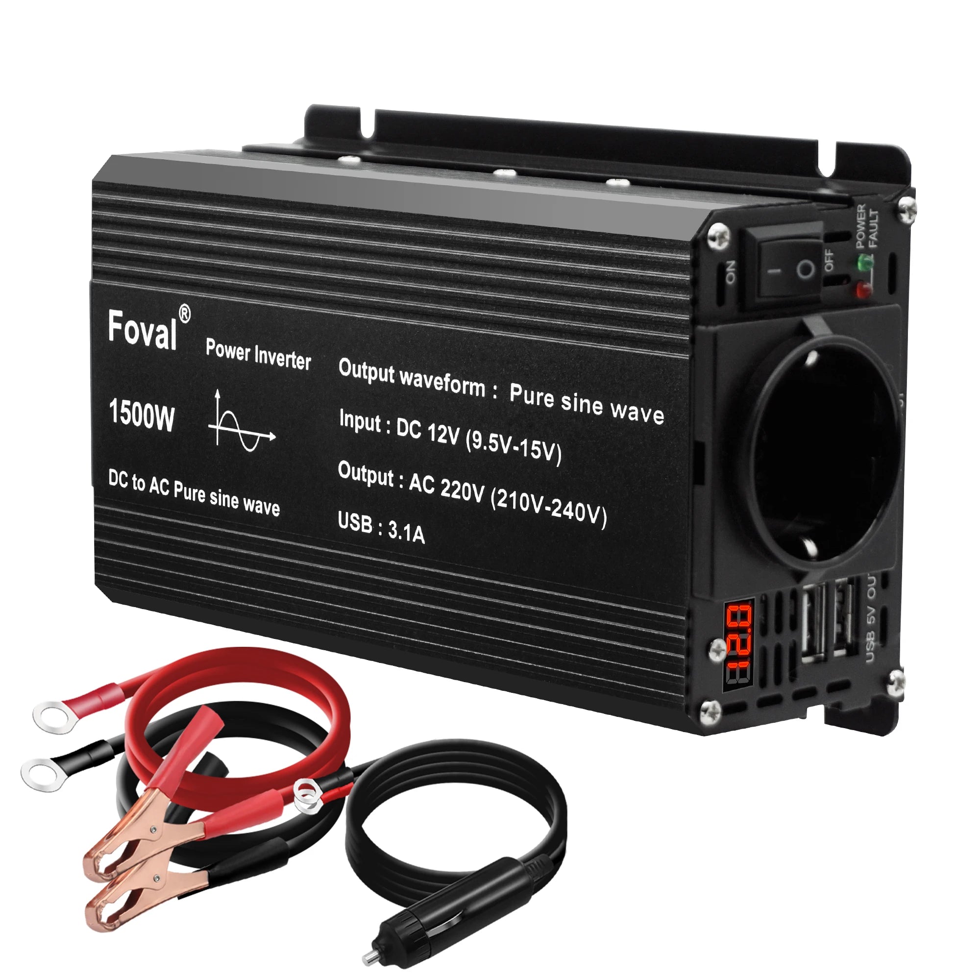 DC 12V to AC 220V Pure Sine Wave Inverter, Foval DC/AC Inverter: pure sine wave, 1-200kW power, 50Hz frequency, CE certified, with USB and various package sizes.