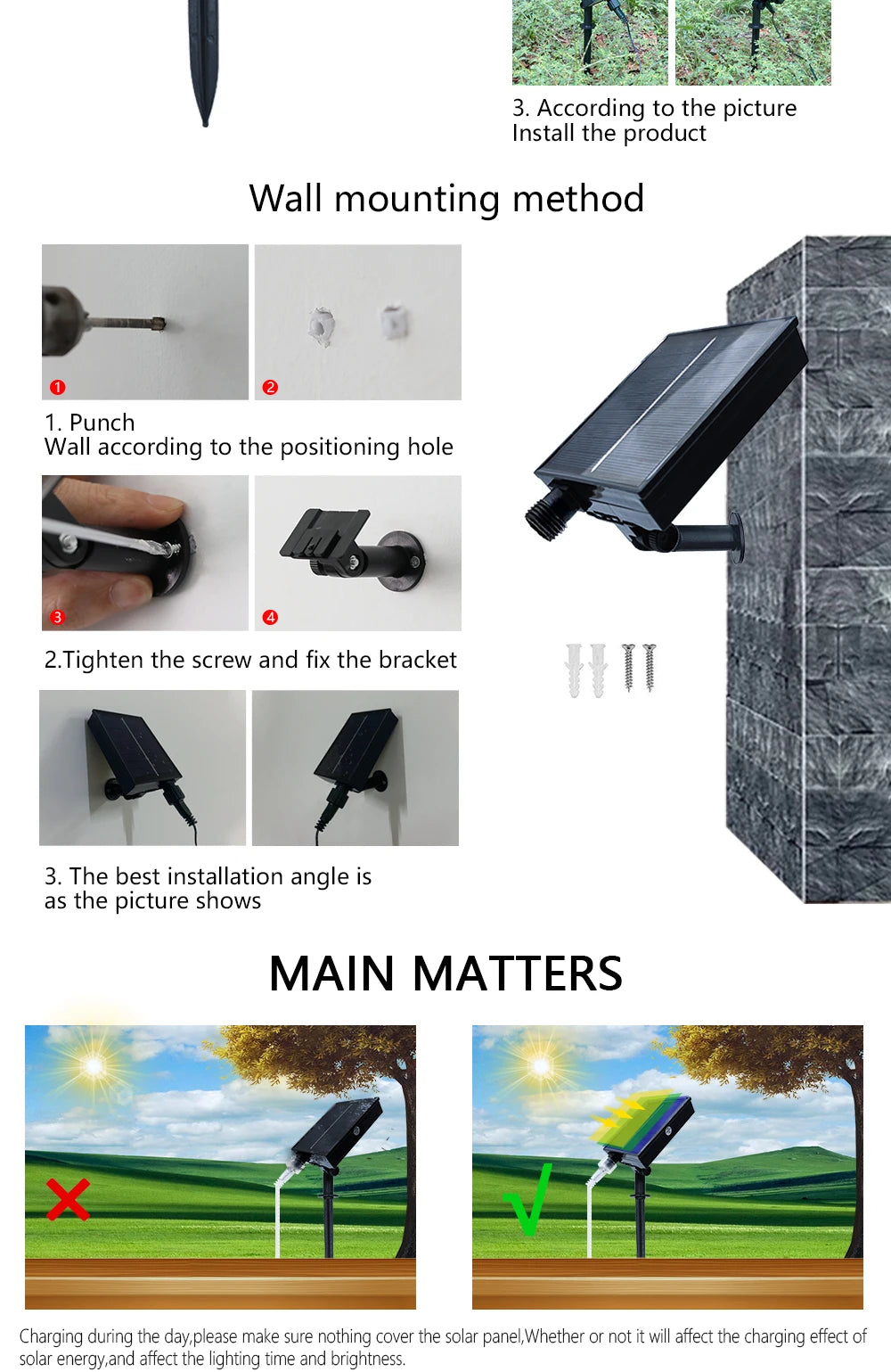 Solar Led Light, Install on walls using positioning holes; ensure secure screws and optimal angle to optimize solar charging.