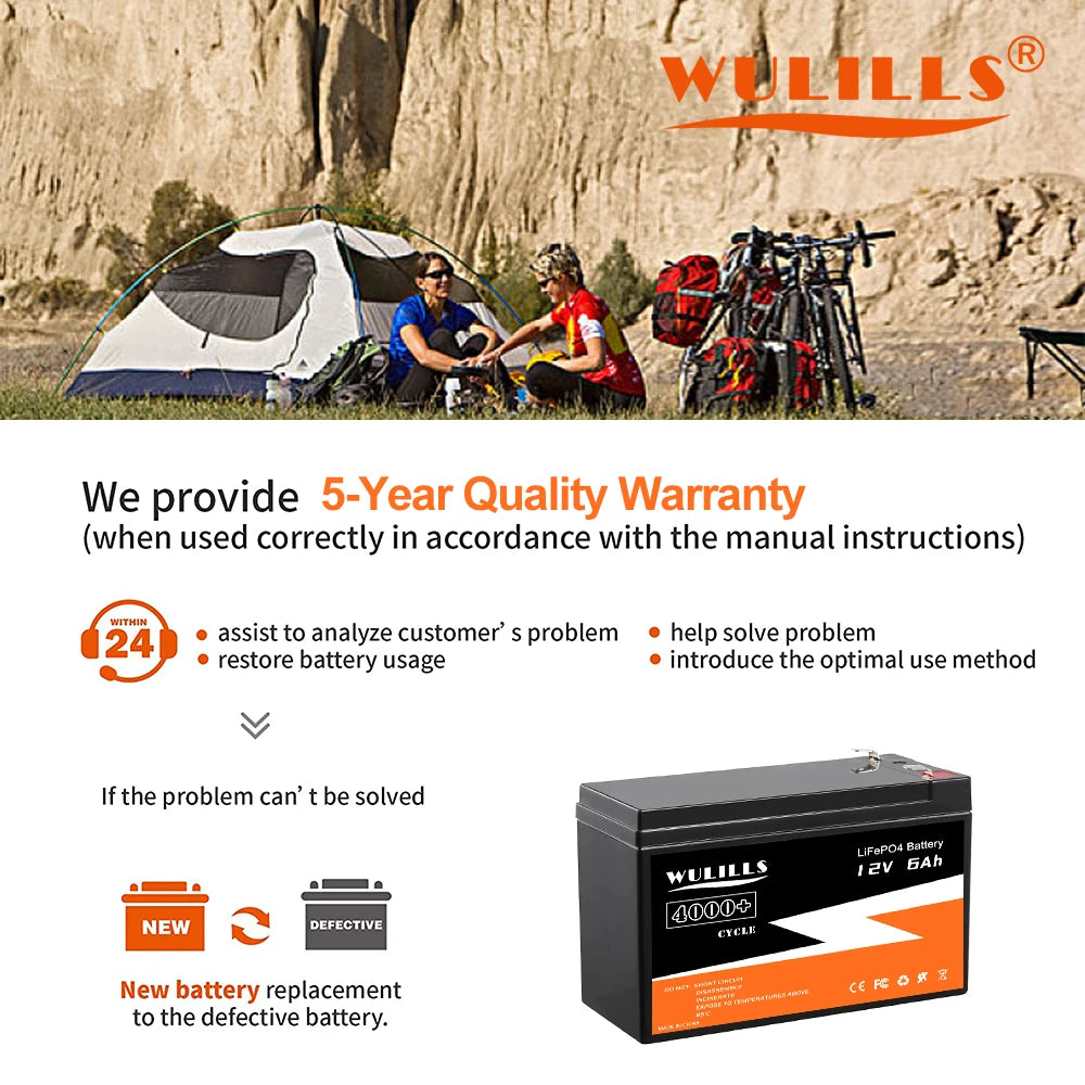 12V 6Ah LiFePo4 Battery, 5-year warranty with 24/7 support for troubleshooting and replacing defective batteries to ensure optimal performance.