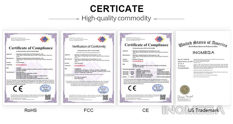 INQMEGA Outdoor Solar Camera, Compliance certificate for high-quality commodities, meeting international standards, with ROHS, FCC, CE compliance and American trademark registration.