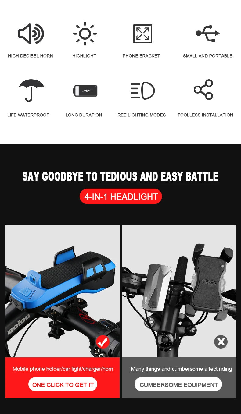 5 IN 1 Led Bicycle Light, 5-in-1 led bicycle light with horn, phone holder, solar charging & long battery life.