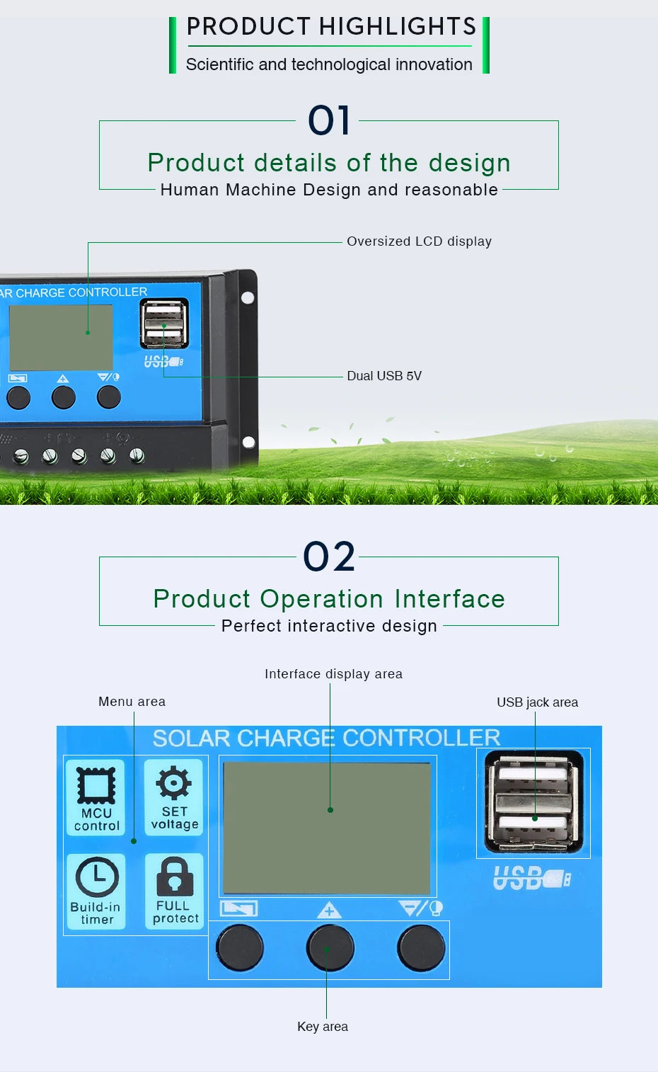 EASUN POWER Solar Controller, Innovative solar controller with large LCD display, dual USB ports, and built-in timer/voltage controls for safe charging.
