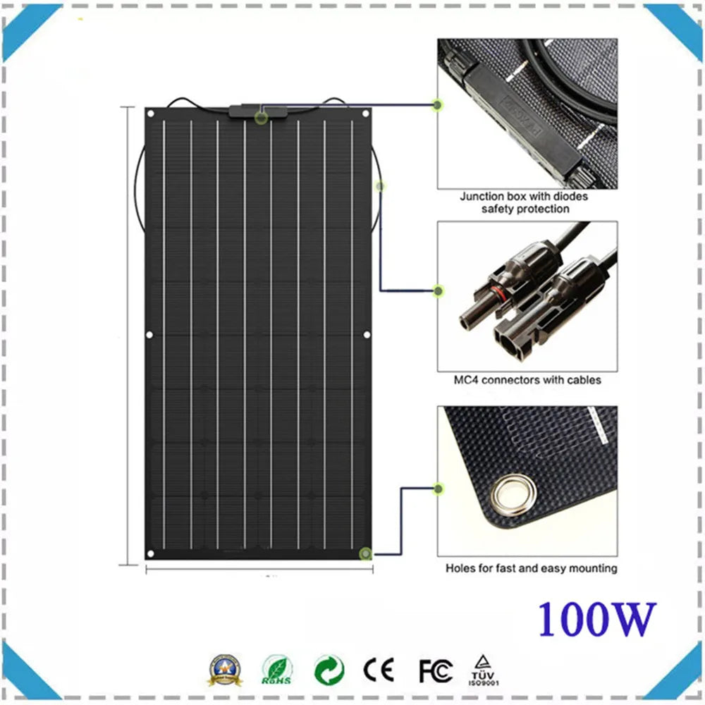 Portable Flexible Solar Panel, Solar panel with safety features, mounting holes, and MC4 connectors; 100W power output.