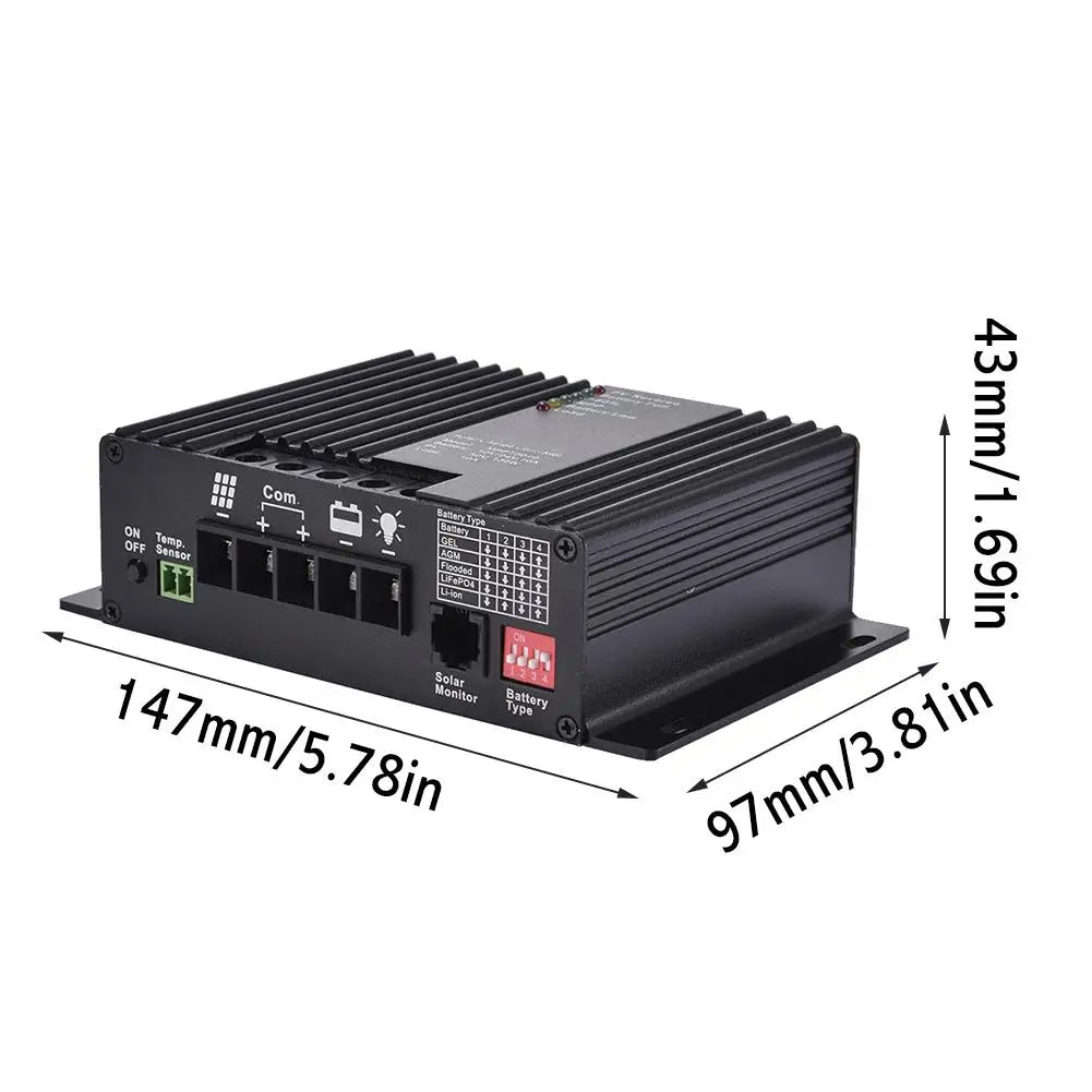 MPPT Solar Charge Controller, Off-grid solar charger controller with Bluetooth compatibility, suitable for various battery types.