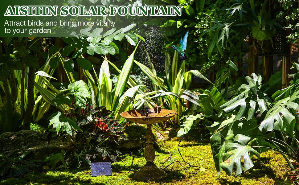 2.5W Solar Fountain, Brighten up your garden with a solar-powered fountain pump, attracting birds and adding vibrancy.