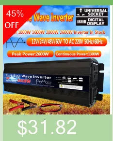 Pure Sine Wave Inverter converts DC power to AC output with peak powers up to 3000W.