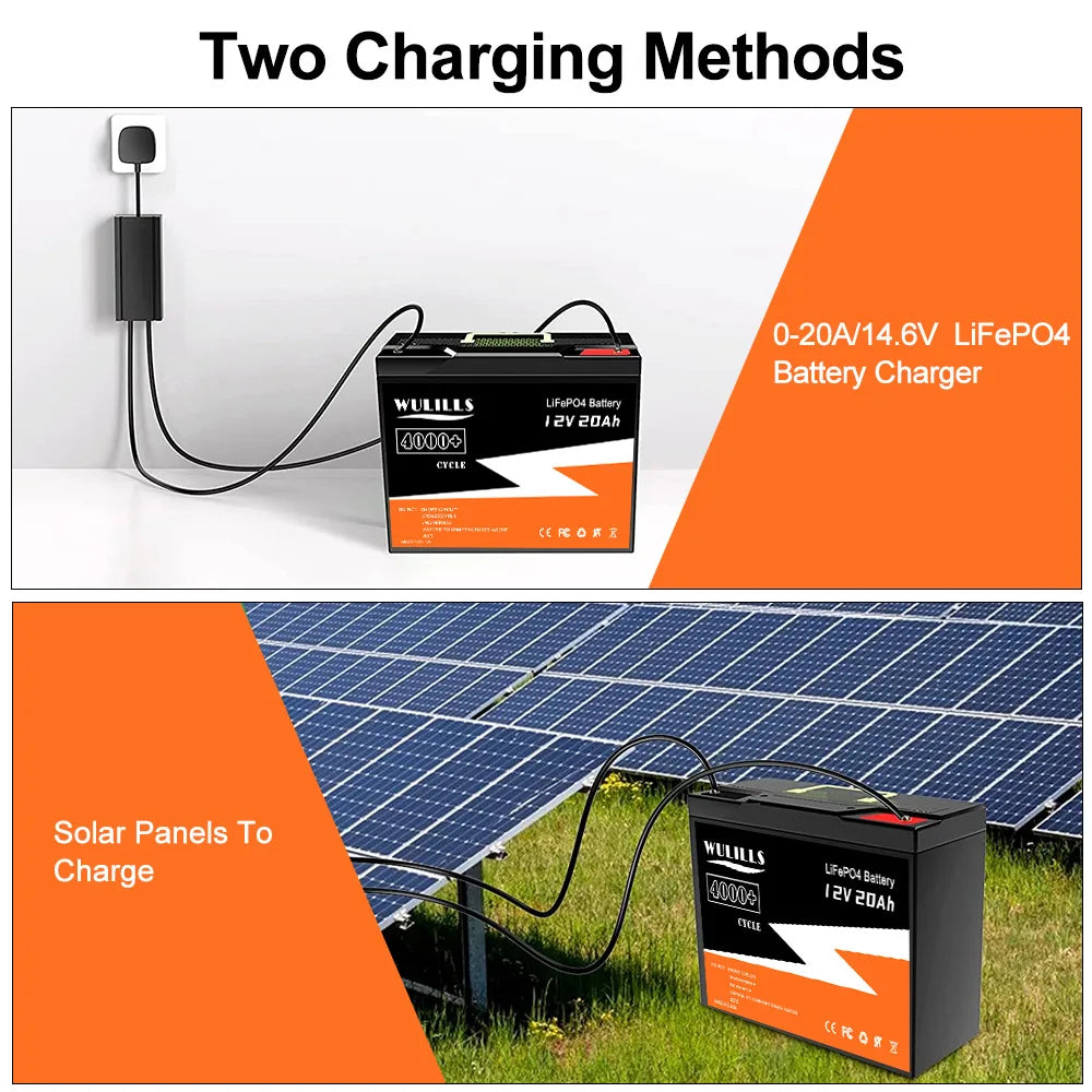 New 12V 20Ah LiFePo4 Battery, Rechargeable battery with 20Ah capacity, charges via charger or solar panels.