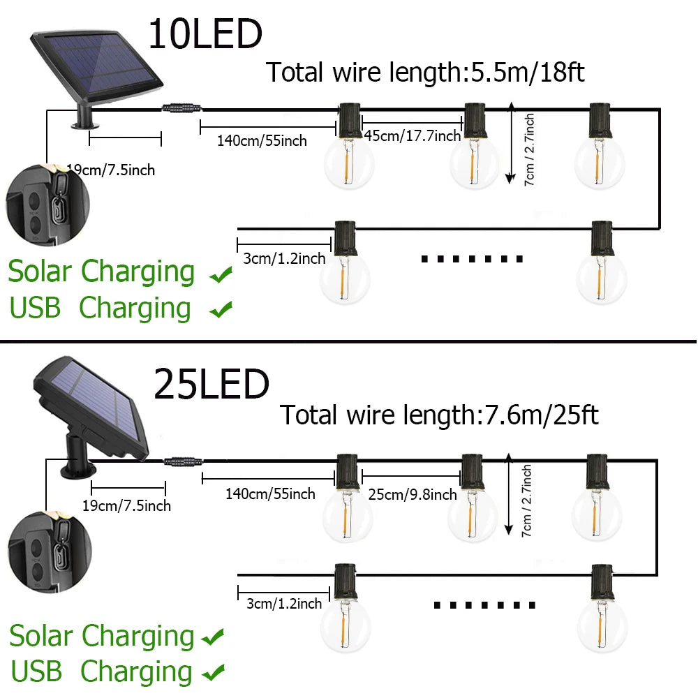 Solar Light, Solar garden lamp with two modes, OLED or SLED, and USB-powered charging via 45cm solar panel.