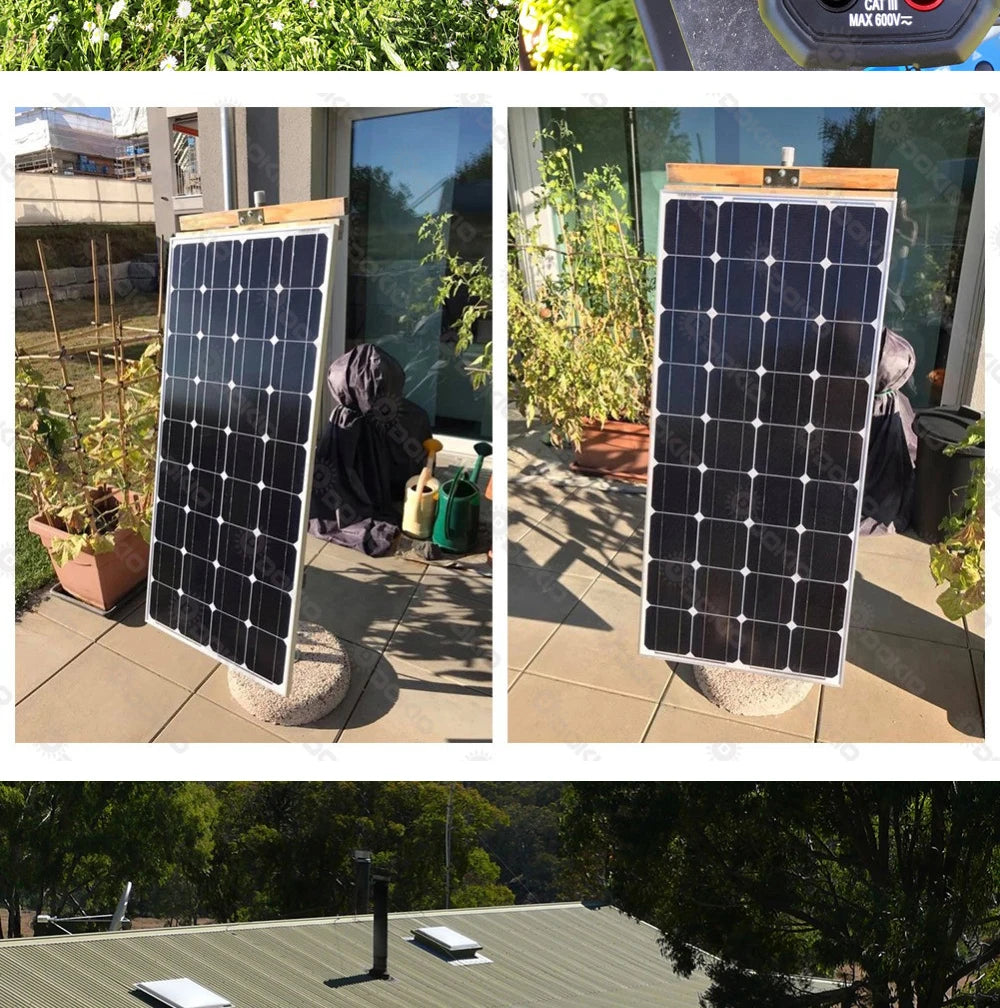 Dokio 18V 100W Rigid Solar Panel, NOCT specifications: voltage, fuse, dimensions, weight, and connections for a device.