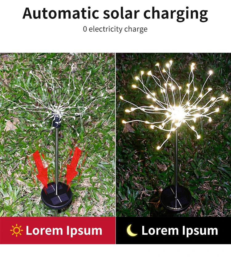 Outdoor Solar LED Firework Fairy Light, Solar-powered lights charge automatically in sunlight, no electricity needed.
