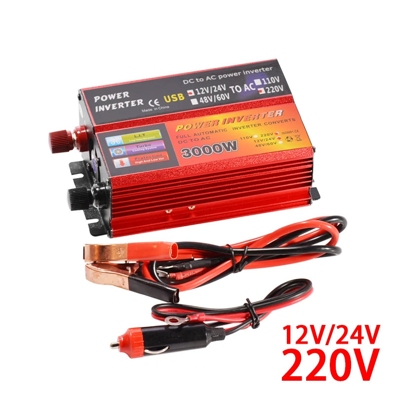 3000W Peak Solar Inverter, Compact solar inverter converts DC to AC, auto-adapts voltage, with USB output, ideal for RVs, camping, and remote power.