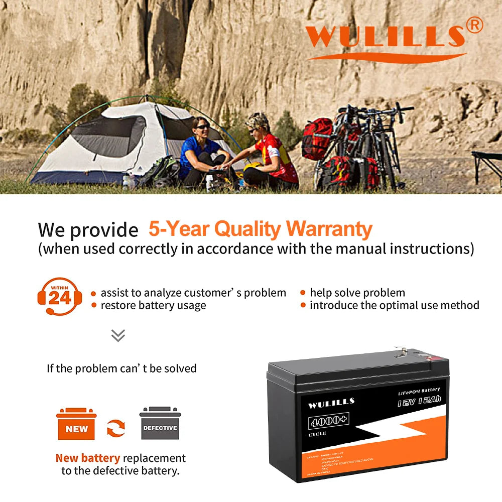 12V 12Ah LiFePo4 Battery, 5-year warranty on LiFePo4 battery pack; team assistance and replacement if defective.