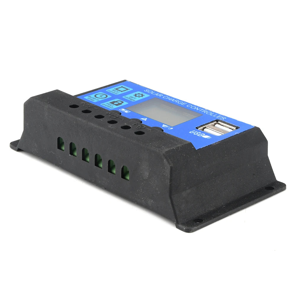 12V 24V PWM Solar Batteries Controller, Diymore Solar Controller: Regulates power, charges solar batteries, and features LCD display, USB ports, and load discharge.