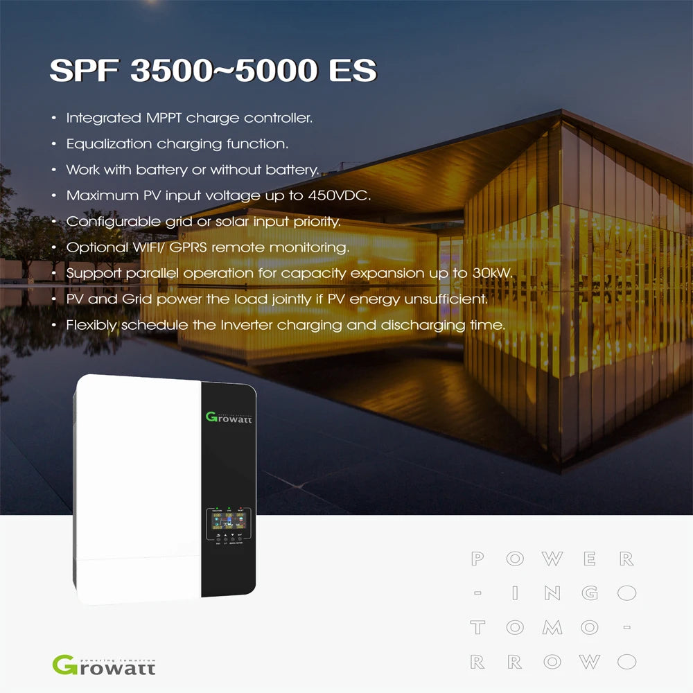 Growatt's solar charger features MPPT, equalization charging, WiFi/GPRS monitoring, and parallel operation for expanded capacity.