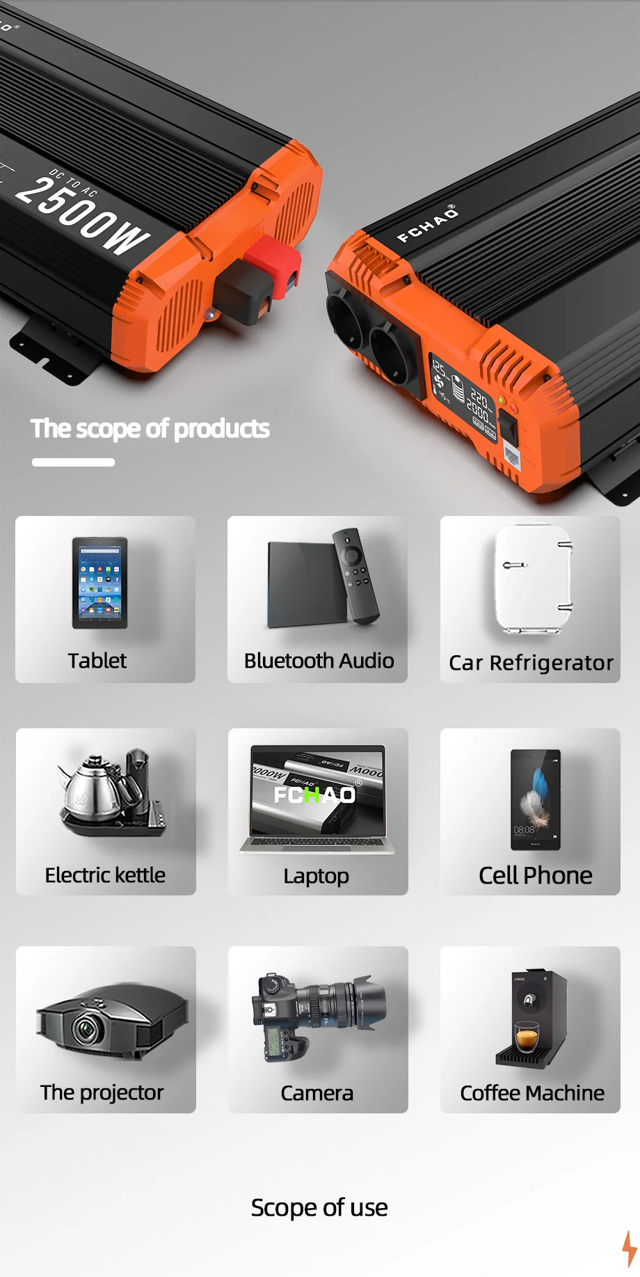 FCHAO 5000W Car Power Inverter, Universal power supply supporting various devices up to 2500W.