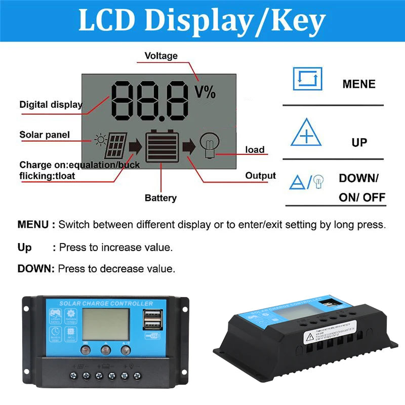 100w 200w 300w 400w Flexible Solar Panel, High-tech features: LCD display, voltage menu, digital readout, solar charging, and USB connectivity.