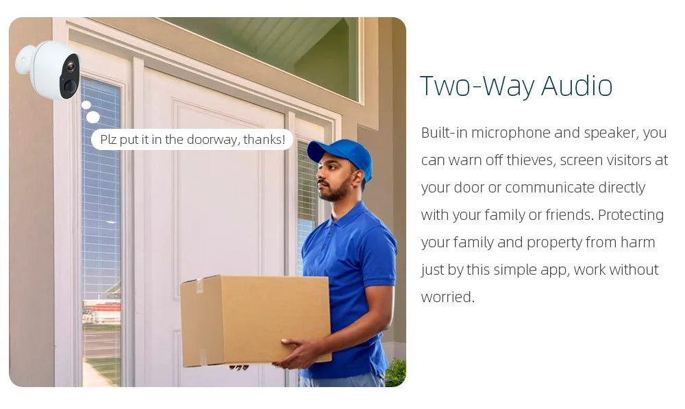 REHENTINT OG06T Solar Camera, Two-way audio enables voice communication through camera's mic and speaker for home security and visitor interaction.