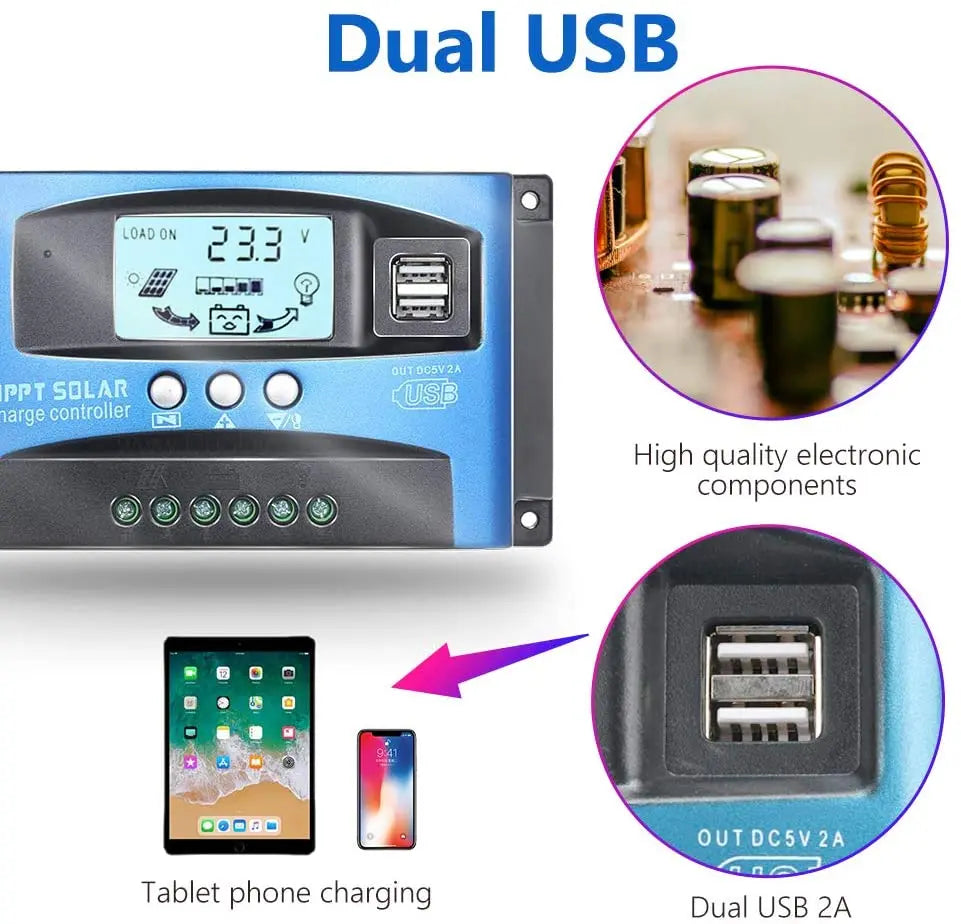 MPPT 30A 40A 50A 60A 100A Solar Charge Controller, High-quality solar charge controller with dual USB ports for simultaneous charging of devices like tablets and phones.