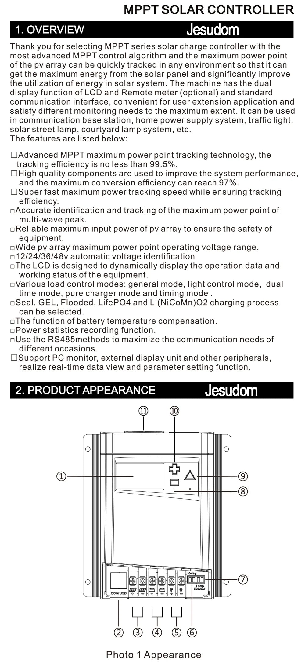 MPPT Solar Controller, Solar controller for lithium-ion batteries, suitable for solar panels, with 10A, 20A, 30A, and 40A charging options.